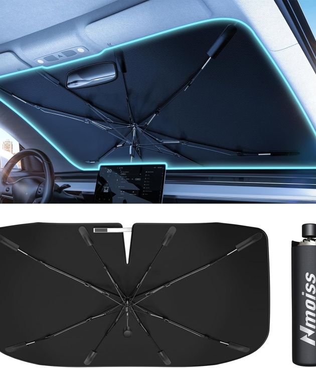 [Upgraded] Nmoiss Windshield Sun Shade Umbrella - [Vinyl Coating Heat Shield] Protect Car from Sun Rays & Heat Damage Keep Cool and Protect Interior, Spring Structure Edge Medium 56" L x 31" W