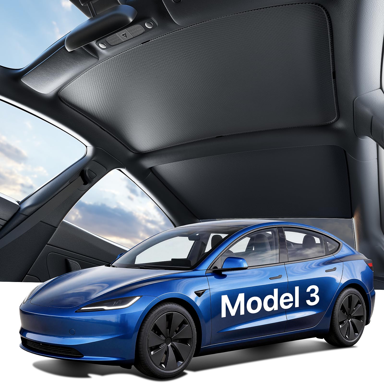 Tesla New Model 3 Highland Premium Performance Roof Sunshade (2024–2026) Double-Layer Heat Block Sunroof Shade Ice-Cooling Reflective Fabric, 99% UV Protection Tesla Model 3 Highland Accessories Black - Image 2