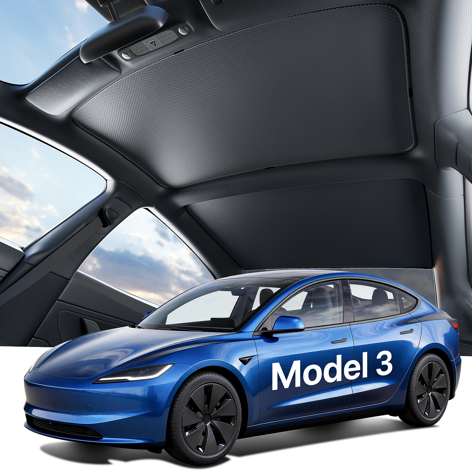 Tesla New Model 3 Highland Premium Performance Roof Sunshade (2024–2026) Double-Layer Heat Block Sunroof Shade Ice-Cooling Reflective Fabric, 99% UV Protection Tesla Model 3 Highland Accessories Black