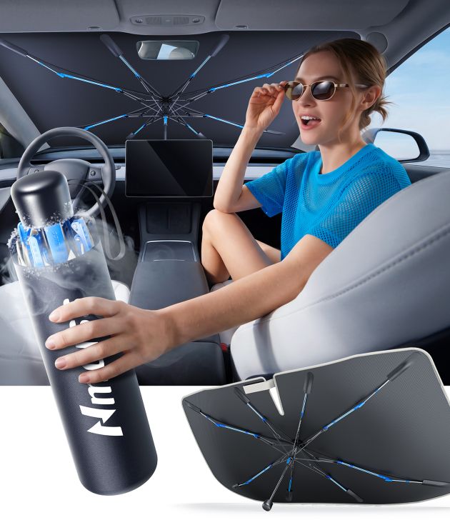 [Drive to Superior Coolness & Comfort] Nmoiss Ice Rib Windshield Sun Shade Umbrella High Speed ​​Cooling 99% UV Blocking Protects Car from Sun and Heat Damage Medium (56" L x 31" W)