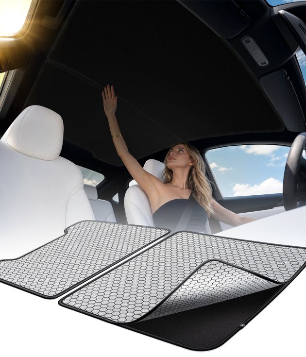 Double-Layer Roof Sunshade for 2026 Tesla New Model Y Premium Performance – Graphene + Ice-Crystal Cooling, 99% UV Protection, Ultra-Fit No-Sag Design, Keeps Cabin Cooler in Hot Weather