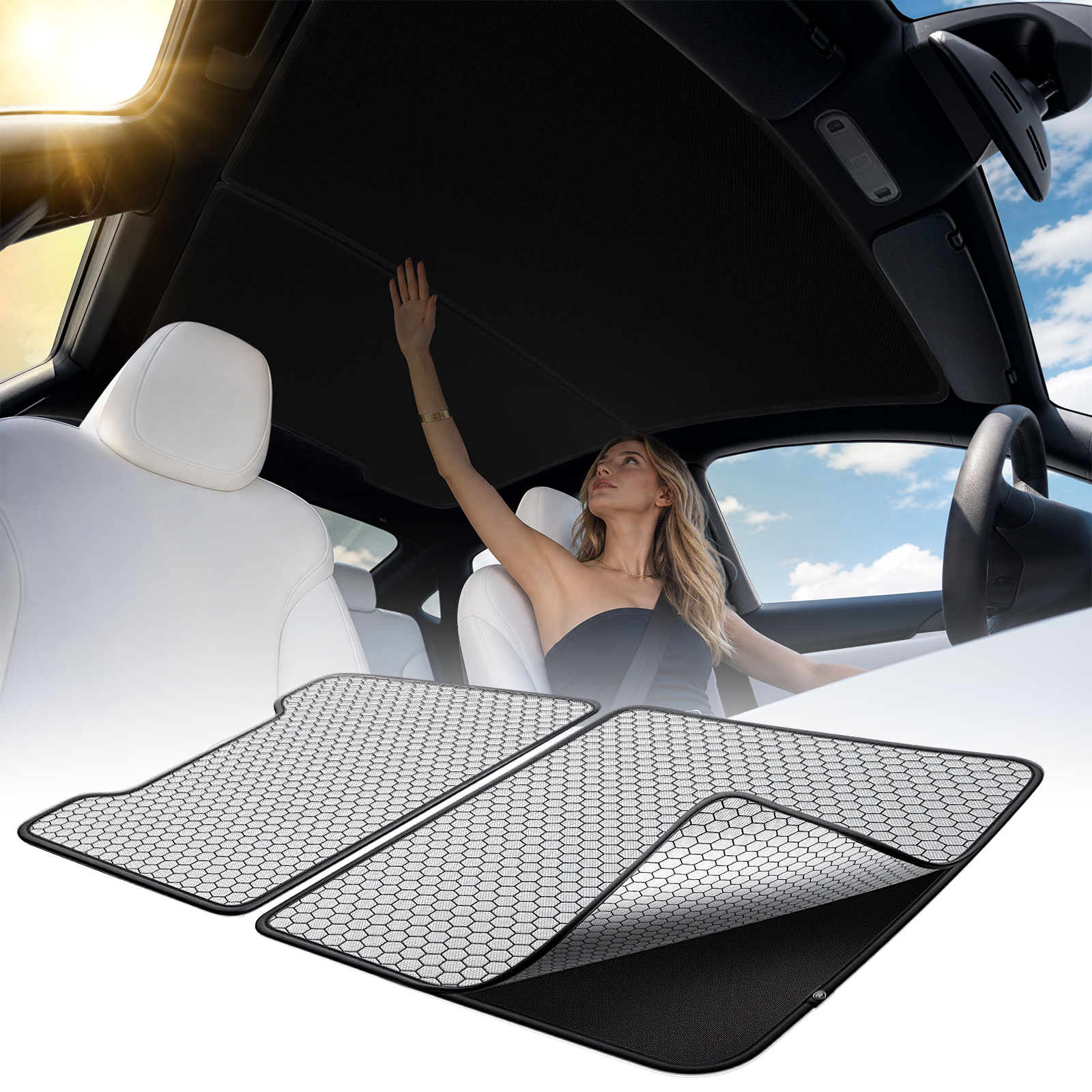 Double-Layer Roof Sunshade for 2026 Tesla New Model Y Premium Performance – Graphene + Ice-Crystal Cooling, 99% UV Protection, Ultra-Fit No-Sag Design, Keeps Cabin Cooler in Hot Weather